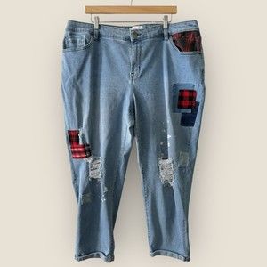 Lane Bryant Mid-rise Boyfriend Plaid Patched Distressed Jeans (Size 18)